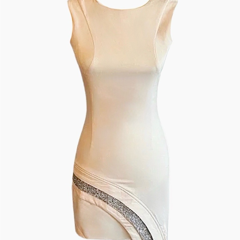 MAAC London Women’s White Sequin Asymmetrical Bodycon Dress Size 6